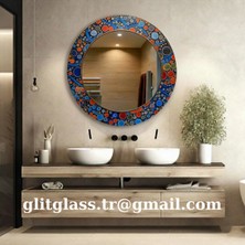 Glitglass Yuvarlak Dekoratif Duvar Aynası - Renkli Geometrik Desenli Modern Banyo ve Salon Aynası