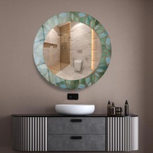 Glitglass Turkuaz ve Altın Detaylı Yaprak Motifli Yuvarlak Ayna - Modern Banyo ve Antre Aynası