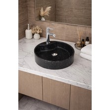 Taş Atölyesi Mermer Desenli Tezgah Üstü Yuvarlak Çanak Taş Lavabo 45 cm Musluk Delikli