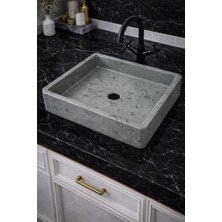 Taş Atölyesi Mermer Desenli Tezgah Üstü Kare Model Taş Lavabo 45 x 45 cm