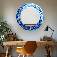 Glitglass Mavi Geleneksel Desenli Yuvarlak Dekoratif Ayna - Modern Sanatsal Duvar Aynası