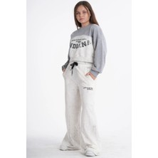 Haykids Kız Çocuk / Genç Kız Baskılı Gri Melanj Crop Sweatshirt ve Bol Paça Eşofman Altı Ikili Takım Beyaz-9 Yaş