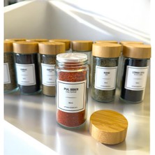 Feyza Design Bambu Kapaklı 12’li Cam Baharatlık Seti, Etiketli ve Şık Tasarım