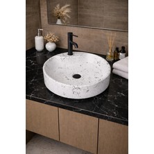 Taş Atölyesi Mermer Desenli Tezgah Üstü Yuvarlak Çanak Taş Lavabo 45 cm Musluk Delikli