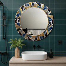 Glitglass Luxury Serisi Lacivert ve Altın Renkli Yuvarlak Ayna - Modern Tasarım Cam Duvar Tablosu