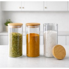 Feyza Design 3’lü Bambu Kapaklı Cam Baharatlık ve Kavanoz Seti, 1000 ml