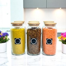 Feyza Design 6'lı Ahşap Vakum Kapaklı Cam Bakliyat ve Erzak Saklama Seti 1400 ml