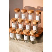 Feyza Design Bambu Kapaklı 12'li Cam Baharatlık Seti, 16 Etiket Hediye