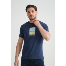 Indigo Erkek T-Shirt %100 Pamuk Minimalist Tasarım Regular Kalıp Baskılı S