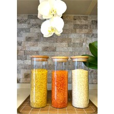 Feyza Design 3'lü Ahşap Kapaklı Borosilikat Cam Kavanoz Seti, 1150 ml