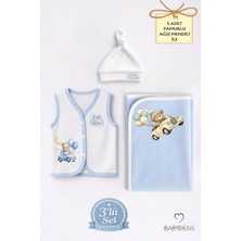 Babyden's Erkek Bebek 3’lü Set Yenidoğan Bebek Seti,jakarlı Battaniye,şapka,yelek Erkek Bebek Hastane Çıkışı