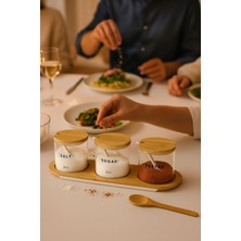 Feyza Design Bambu Kapaklı Cam Baharatlık Seti 3’lü, Kaşıklı ve Standlı Saklama Kavanozu