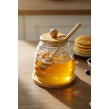 Feyza Design Şeffaf Arı Figürlü Cam Bal Kavanozu ve Kaşıklı Bambu Bal Kabı 350 ml