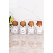 Feyza Design 4'lü Cam Baharatlık Seti, Ahşap Top Kapaklı, 300 Ml, Kekik, Nane, Biber
