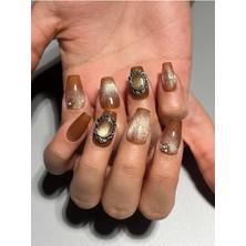 Özgürce Kahve Kedi Gözü Taşlı Protez Jel Takma Tırnak ve Aksesuar Seti