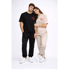 Nevermind Sevgili Kombini Kalp Baskılı Oversize Çift Tişört Unisex Uyumlu Partner Kombin Seti