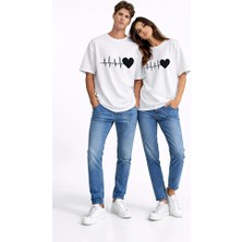 Nevermind Sevgili Kombini Kalp Ritmi Baskılı Çift Tişört Oversize Unisex Partner Kombin Çift Seti