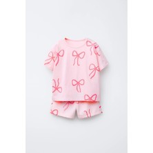 Magu Kız Çocuk Pamuklu Pembe Fiyonk Desenli T-Shirt Şort Takım