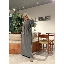 Modaco Selanik Kumaş Kuşaklı Basic Tesettür Elbise - Gri