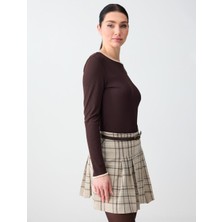 Jimmy Key Acı Kahve Düz Kesim Uzun Kollu Kayık Yaka Örme Bluz