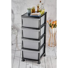 Feyza Design Çizgili 4 Katlı Plastik Komidin, Sebzelik ve Çekmeceli Fonksiyonel Tasarım