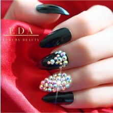 Özgürce 24'lü Siyah 3D Kristal Taşlı Uzun Badem Stiletto Takma Tırnak Seti