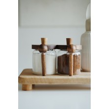 Feyza Design 2'li Akasya Kapaklı ve Kaşıklı Borosilikat Cam Kavanoz Seti