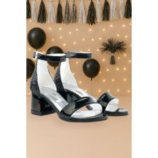 Xo Kids Elsa Siyah Rugan Simli Kalın Topuklu Kız Çocuk Abiye Ayakkabı