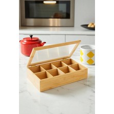 Feyza Design Bambu Çay Kutusu 8 Bölmeli Kapaklı, Bitki Çayı Saklama Kabı, Kahverengi
