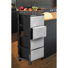 Feyza Design Büyük Boy Siyah ve Gri Hasır Kapaklı 4 Çekmeceli Komidin ve Sebzelik