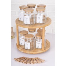 Feyza Design 10'lu Ahşap Kapaklı Döner Standlı Cam Kavanoz, 300 ml