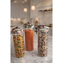 Feyza Design 3'lü Borosilikat Cam Kavanoz Seti, Etnik Desenli, Kapaklı, 1000 ml