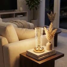 Buffer® Silindirik Kristal Nokta Model LED Masa Lambası – Gold Tabanlı, Dokunmatik, 3 Renk Işık Modlu, Şarjlı Modern Dekoratif Gece Lambası