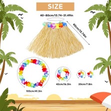 Just Cheap Store Yetişkin Çocuk Hawaii Parti Seti - 40 cm Naturel Etek + Çiçek Aksesuarlar (5 Parça)