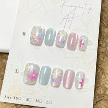 Özgürce Pembe Çiçek Desenli Kendinden Yapışkanlı Takma Tırnak Seti 10 Adet M Beden