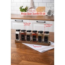 Feyza Design Cam Baharatlık Seti, Ahşap Standlı, Siyah Kapaklar, 6'lı Paket