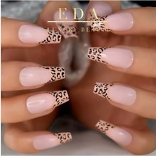 Özgürce 24'lü Doğal Pembe Leopar French Uzun Küt Kare Nail Art Set