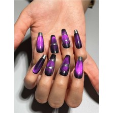 Özgürce Mor Gümüş Çizgili Protez Jel Takma Tırnak ve Aksesuarlar (1603 M Beden)