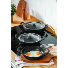 Fithome Cam Kapaklı Döküm Granit Sahan Seti 18-20-22 cm 3'lü Sahan Seti