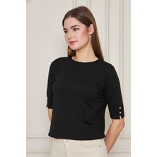 Irmak Kerekli Kadın Bisiklet Yaka Çıtçıtlı Kısa Kollu Triko Bluz 1070 Siyah