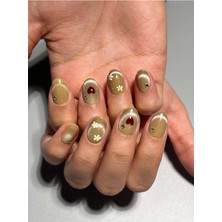 Özgürce Yeşil Çiçekli Kalpli Taşlı Protez Jel Takma Tırnak ve Aksesuarlar