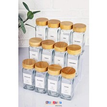 Feyza Design 12’li Bambu Kapaklı Kare Cam Baharatlık Seti, Şık ve Pratik Kullanım