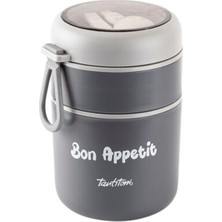 Feyza Design Paslanmaz Çelik Yuvarlak 2 Katlı Füme-Gri Plastik Kaşıkla Yemek Kabı 710ML