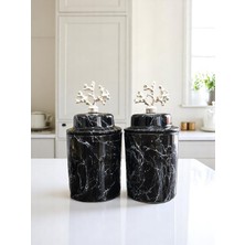Feyza Design Şık Siyah Mermer Baharatlık Seti, Seramik Kapaklı, Dekoratif ve Fonksiyonel