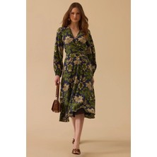 Seçil Kadın Desenli Kemerli Kruvaze Elbise 0005 Yeşil