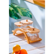 Feyza Design Bambu Standlı 3'lü Borosilikat Cam Baharatlık Seti, Şık ve Fonksiyonel Seçenek