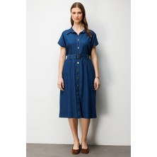 Ekol Kadın Büyük Beden Beli Kemerli Polo Yaka Midi Elbise 6542 Indigo