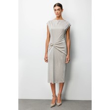 Ekol Kadın Beli Metal Aksesuarlı Simli Elbise 6072 Gold