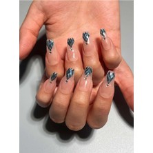 Özgürce Parlak Nude Mavi Simli Protez Jel Takma Tırnak ve Aksesuarlar Seti