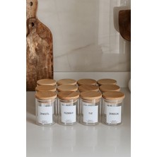 Feyza Design 12'li Bambu Kapaklı Cam Kavanoz Seti Baharatlık ve Etiketli